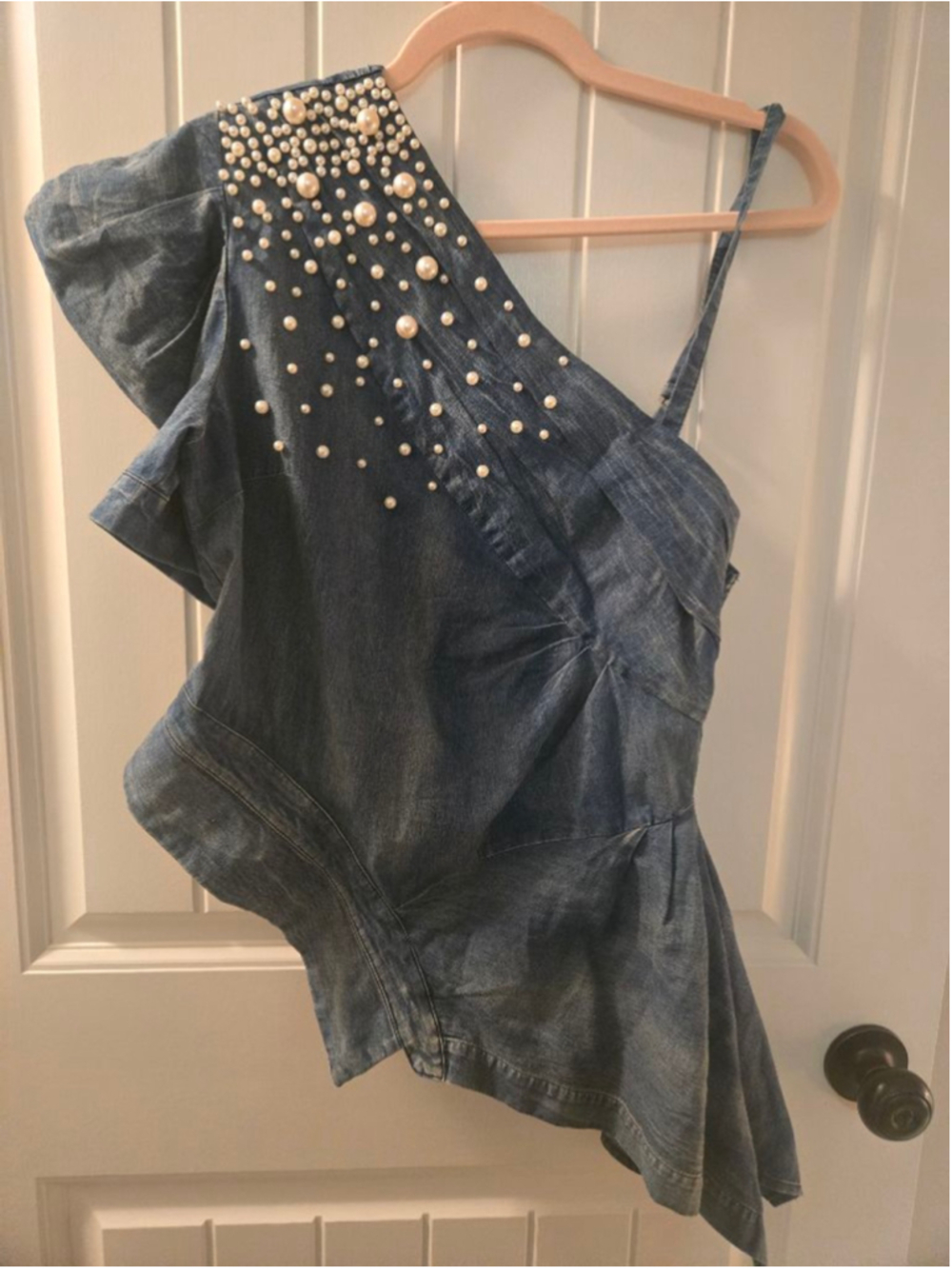 Women's Pastel Blue Denim One-Shoulder Blouse with Pearls, Size L